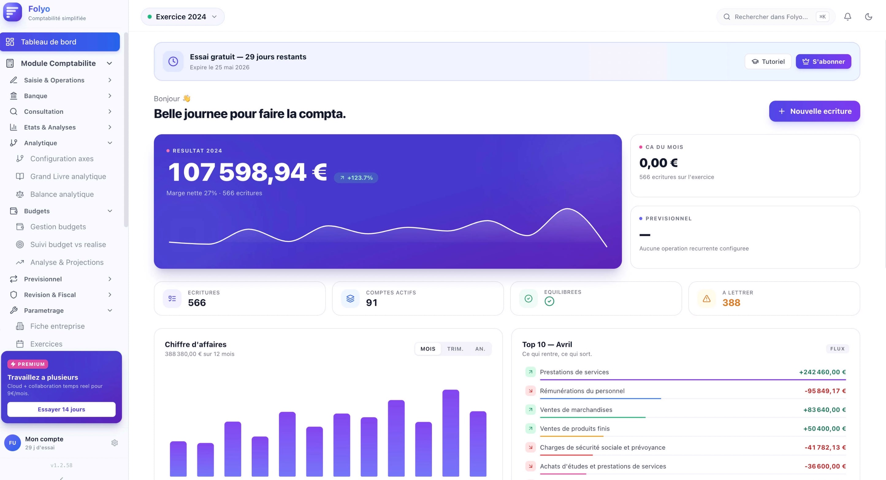 Aperçu de l'application Folyo — Tableau de bord avec résultat, CA, écritures et top mouvements