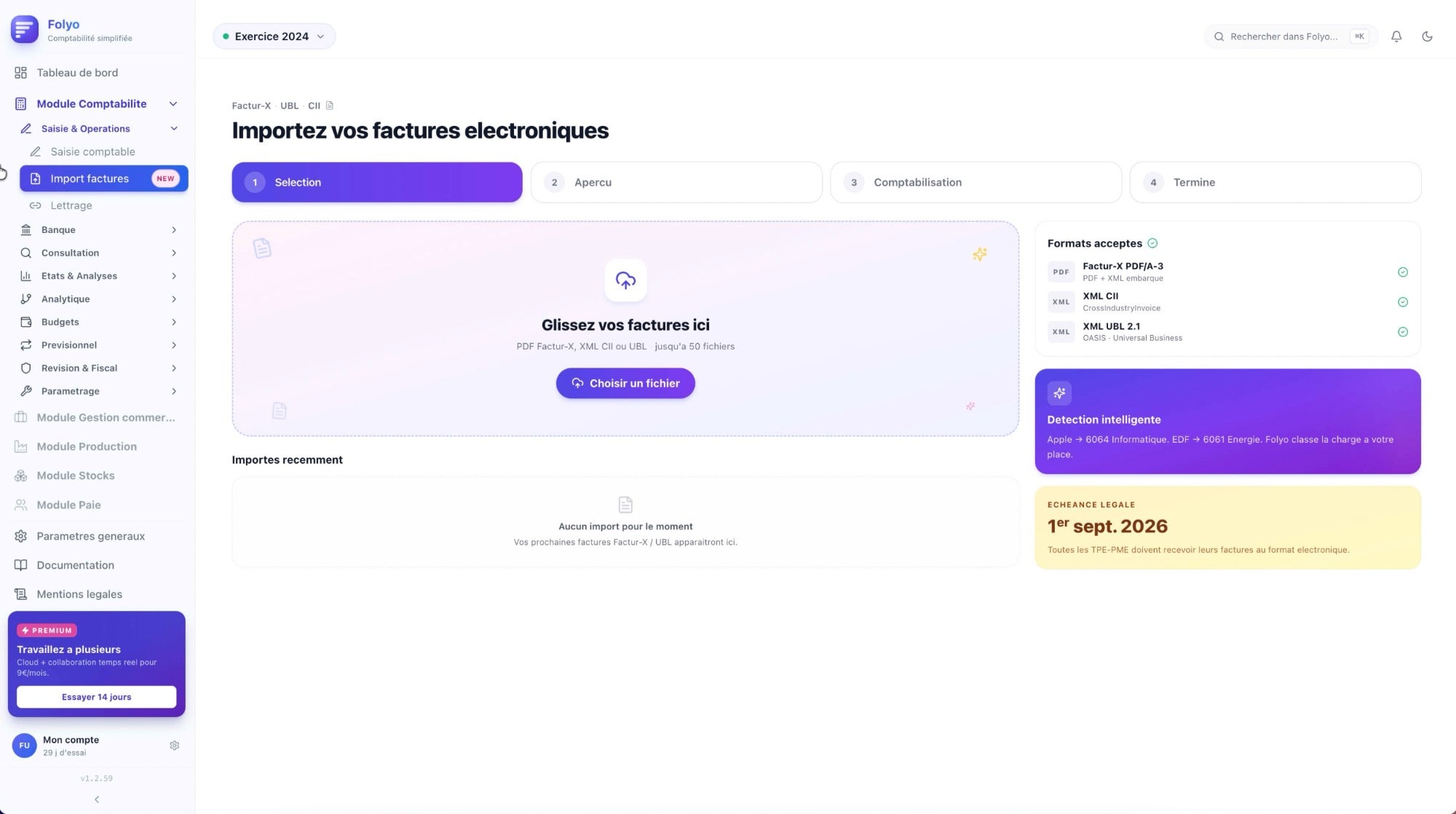Import de factures électroniques Factur-X, UBL 2.1 et XML CII dans Folyo