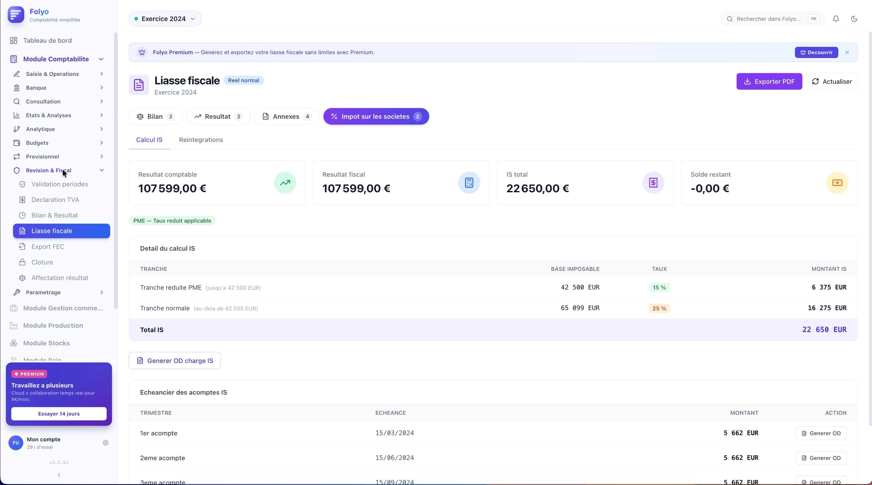 Liasse fiscale Folyo — calcul IS avec tranches PME et non-PME, échéancier d'acomptes