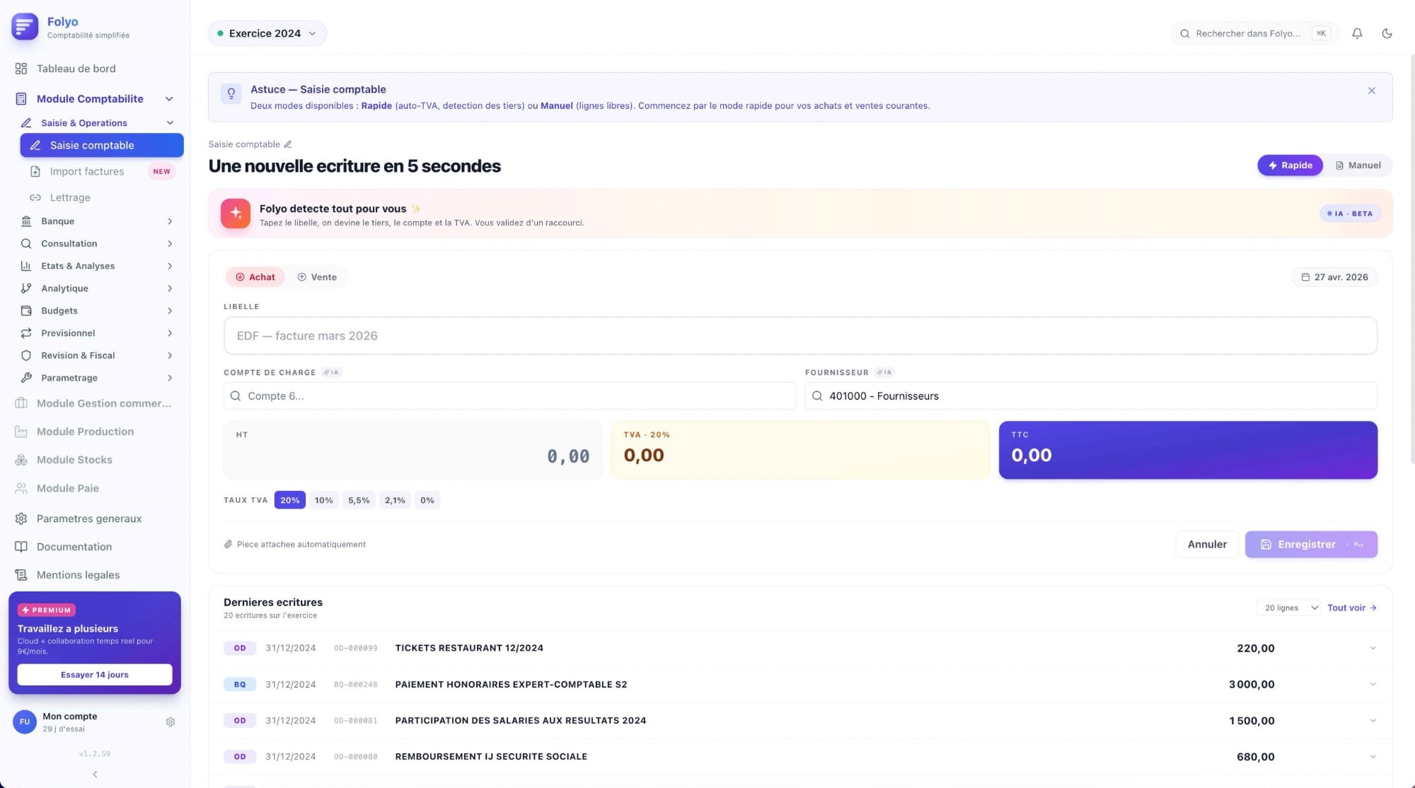 Saisie comptable Folyo — formulaire intelligent avec auto-détection IA