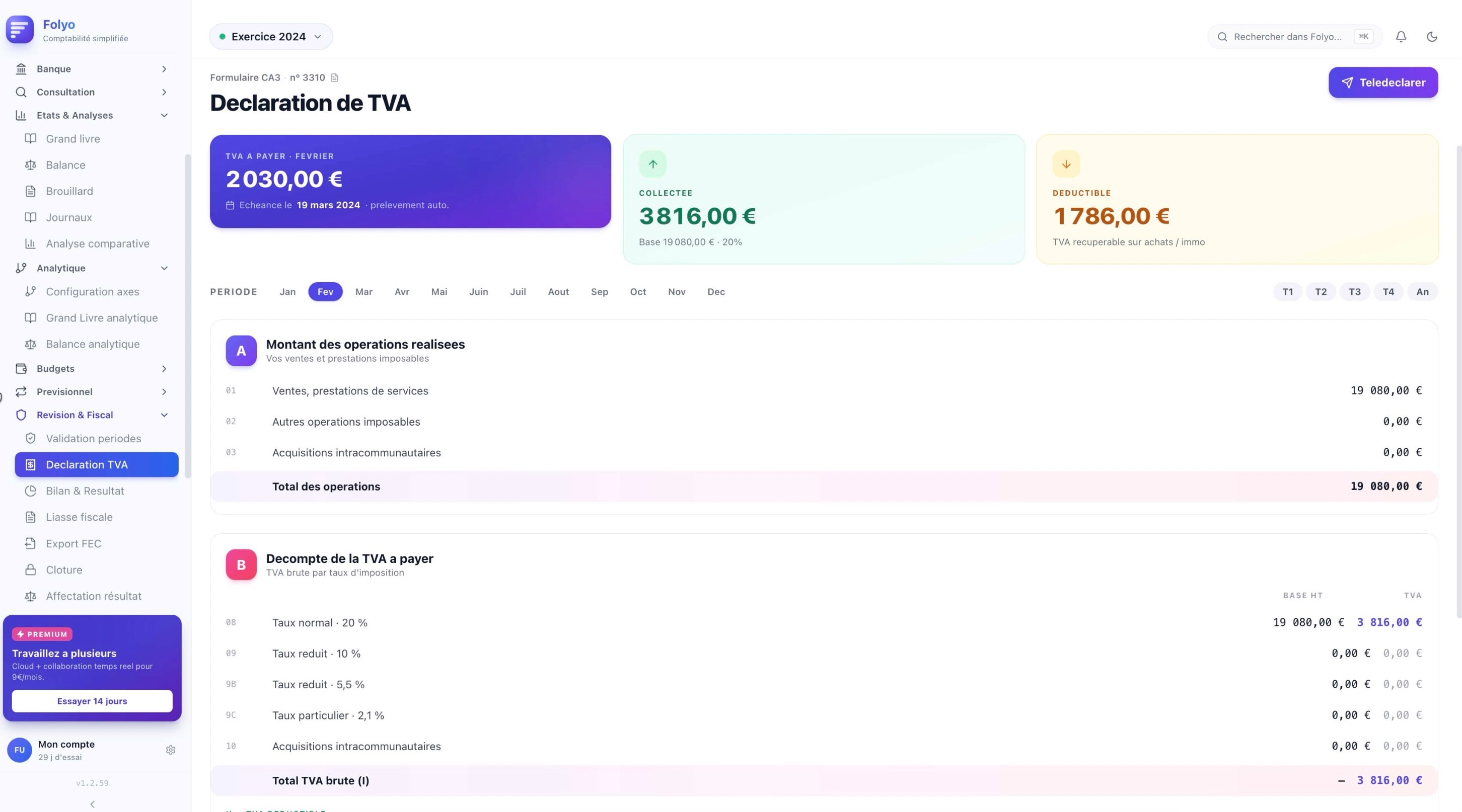 Déclaration TVA Folyo — formulaire CA3 n°3310 avec ventilation par taux